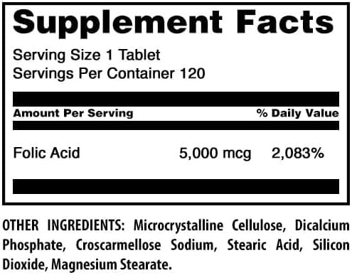 Amazing Formulas Folic Acid 5000 Mcg per Serving | Tablets Supplement | Non-GMO | Gluten-Free | Made in USA (2 Pack | 120 Count) 2 Pack | 120 Count