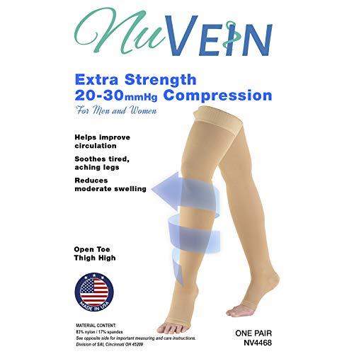 Nuvein Medical Compression Stockings, 20-30 mmHg Support, Women & Men Thigh Length Hose, Open Toe, Beige, Medium