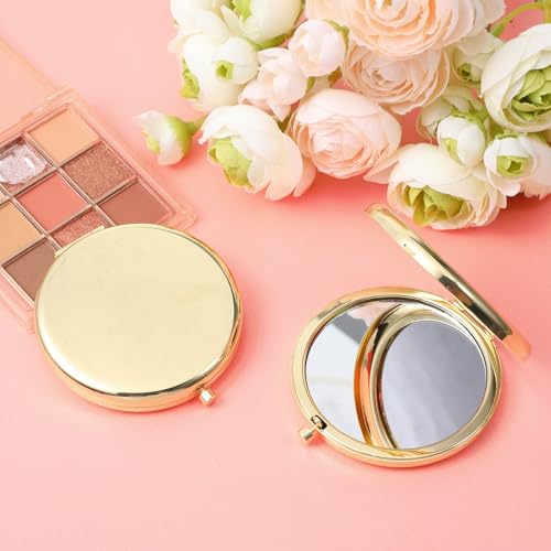 10 Pcs Compact Mirror for Purse, Double-Sided 1X/2X Magnifying Mini Pocket Mirror, Metal Round Shell, Portable Folding Handheld Travel Makeup Mirrors, Elegant Gold