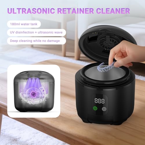 Ultrasonic Retainer Cleaner 25W Portable Ultrasonic Denture Cleaner Multi-Mode 45KHz with Drying and Removable Inner for Dental Trays, Braces, Jewelry, Toothbrushes, Mouth Guards, Aligners,Ring Black