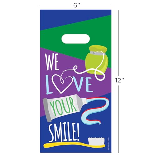 Practicon We Love Your Smile 6" x 12" dental bag, dental hygiene patient care goodie bag, dentist office plastic gift bags, 100 pack 6" x 12"