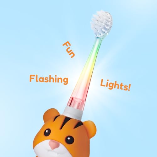 BrushBaby - WildOnes - Kids Rechargeable Electric Toothbrush, Ages 0-10 - Tiger Design with Flashing Lights - DeepClean Bristles for Superior Cleaning - 2 Replacement Brush Heads, 1 USB Cable