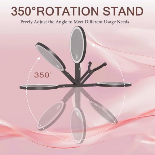 Travel Makeup Mirror with Lights & Foldable Stand, 6" Double Sided 1X/10X Magnifying Portable Lighted Hand Mirror for Men Women, 1X for Full Face & 10X Basic Magnification for Apply Eyebrow Black(1/10x)