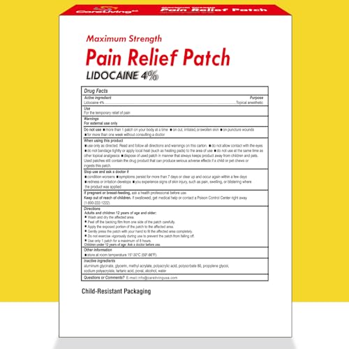 CARELIVING 4% Lidocaine Pain Relief Patch, 15 Count, 3.9” x 5.5”, Maximum Strength Gel Patches for Back Knee Neck Joint Ache Muscle Soreness, Portable Heating Pad, Multi-Purpose Heat Wraps
