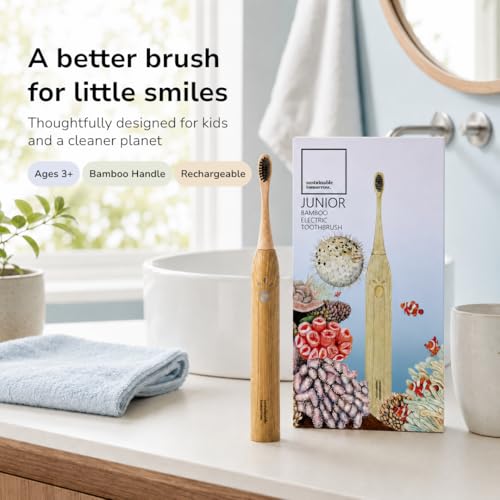 Sustainable Tomorrow Junior Bamboo Electric Toothbrush for Kids Ages 3+ – Gentle Vibrating Toothbrush with Soft Bristles | 2-Minute Timer | Ergonomic Handle | Eco-Friendly, Plastic-Reduced Design