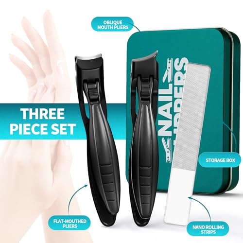 Upgraded ingrown toenail Clippers Set for Thick Nails for Seniors Ergonomic Angled Head and Heavy-Duty Long Handle for Thick Nails, Wide Jaw Nail Cutter with Catcher for Women and Men Curved handle set