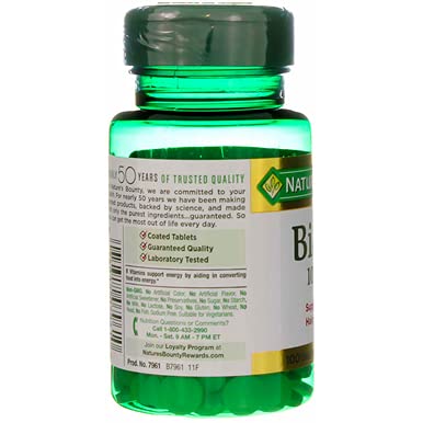 Nature's Bounty Energy Health Biotin Coated Tablets, 1000 mcg, 100 Ct (1 Pack) 1 Count (Pack of 100)