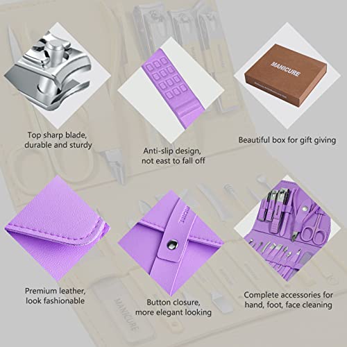 Manicure Set Professional Nail Clippers Pedicure Kit,16 pcs Stainless Steel Violet