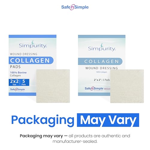 Collagen Dressing Pads - 2" x 2" 5 Count Collagen Pads for Wounds - Non-Adherent Collagen Dressing for Wound Care - Safe n' Simple Wound Care Supplies 2" x 2" - 5 Pads