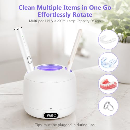 Voraiya Ultrasonic Retainer Cleaner Machine Waterproof Base and Denture Pod Ultra Sonic Cleaner Machine for Aligner, Retainers, Mouth Guards, Night Guards, Dental Trays Braces, Toothbrushes White