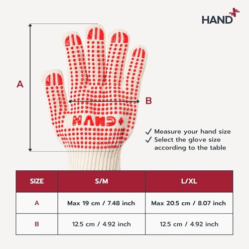 Hand+ Heat Resistant Oven Gloves (Size L/XL) 932°F / 500°C for BBQ Baking Cooking Smoker Fireplace Camping with Silicone Grip Thermo Dot Level 4 EN407 Certified