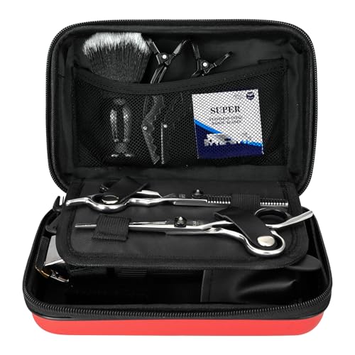 Professional Hair Cutting Scissors Shears Kits, 10 pcs Hair Cutting Kit Includes Barber Bag, Thinning Scissors, Combs, Razor Blades, Neck Duster, Clips for Salon & Home/Men/Women/Kids Red