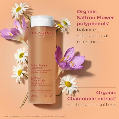 Clarins Soothing Toning Lotion | Soft, Soothed and Comforted Skin After 14 Days* | Cleanses, Tones, Hydrates, Soothes and Balances Skin's Microbiota | Alcohol-Free | Camomile Extract 6.7 Fl Oz (Pack of 1)