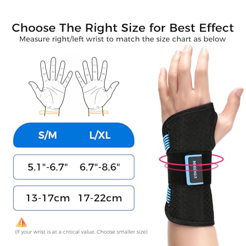 Carpal Tunnel Wrist Support Brace Night & Day-Right Hand for Work, Pain Relief, Wrist Splint for Tendonitis, Sprain, Strain, Rigid Hand Brace for Arthritis for Women & Men (Blue, S/M, Right Hand) Blue-Right
