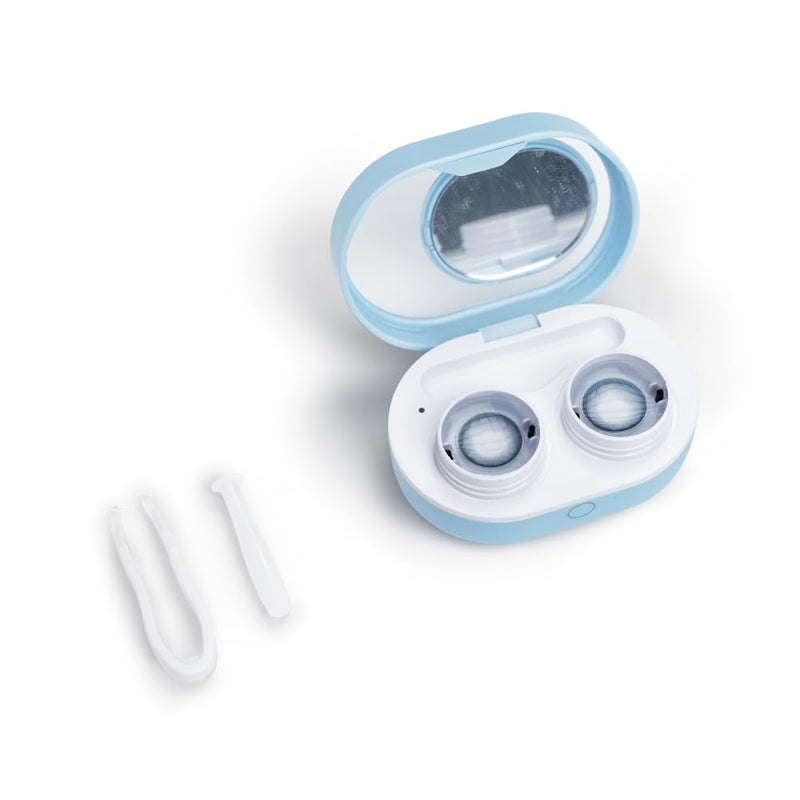 Soft Contact Lens Cleaner with Advanced Electrophoresis Technology, ReO2 Mini Pro, with Mirror and Tweezer (Blue) Blue