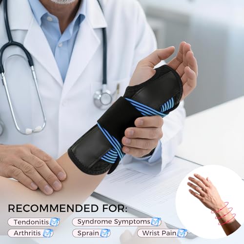 Carpal Tunnel Wrist Support Brace Night & Day-Right Hand for Work, Pain Relief, Wrist Splint for Tendonitis, Sprain, Strain, Rigid Hand Brace for Arthritis for Women & Men (Blue, S/M, Right Hand) Blue-Right