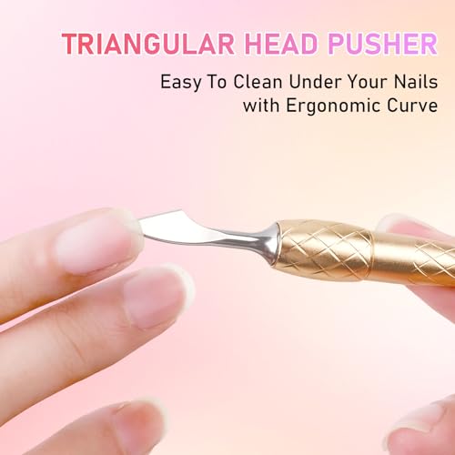 4-in-1 Cuticle Pusher Remover and Cutter, Professional Stainless Steel Pre-treatment Cuticle Pusher, Spoon Shaped Nail Cleaner, Cuticle Pusher with 100#/180# Grit Sandpaper Sheets for Manicure