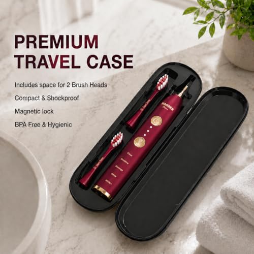 Wagner Stern WHITEN+ Electric Toothbrush, 48,000 VPM, Pressure Sensor, 5 Modes, 8 Brush Heads, Travel Case Ruby Red