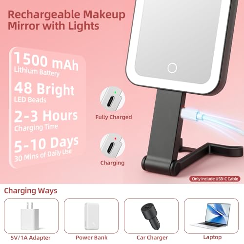 Travel Mirror with Lights, Rechargeable Magnifying Mirror 10X/1X, Black