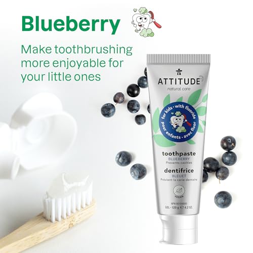 Bundle of ATTITUDE 3 Toothpastes with Fluoride for Kids, Prevents Tooth Decay and Cavities, Vegan, 4.02 Oz Blueberry + Watermelon + Mango