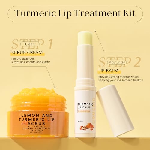 Turmeric Lip Treatment Kit for Dark Lips, Lip Scrub&Lip Balm for Smokers, Lip Exfoliator Scrub for Hydration Chapped and Cracked Peel Lips 1x Turmeric Lip Balm, 1x Turmeric Lip Scrub