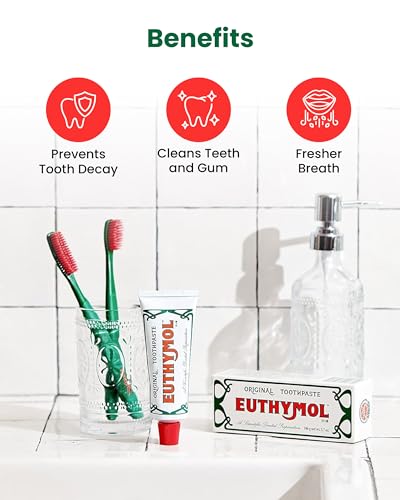Euthymol Original Toothpaste Pack of 5 + Classic Toothbrush Pack of 6 for Sensitive Teeth & Gum. Bad Breath, Cavity Prevention, Gentle, Quick Cleaning.
