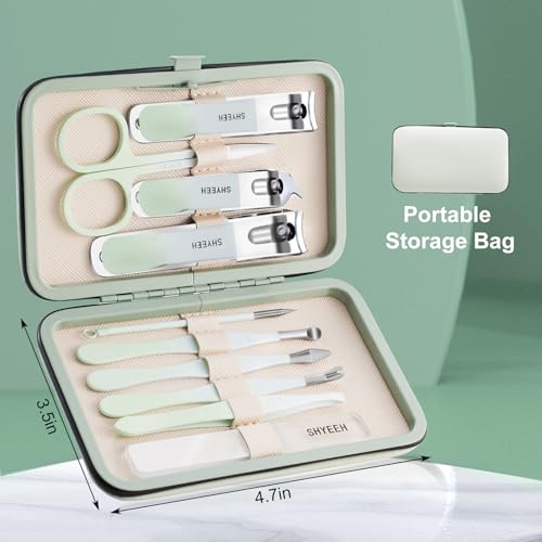 Manicure Set, 10 pcs High-Carbon Steel Nail Clippers Set, Portable Mini Manicure and Pedicure Kit, Travel Grooming Nail Kit with Leather Bag for Men and Women Green