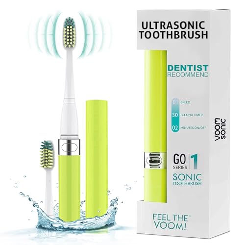 Voom Sonic Go 1 Series Travel Electric Toothbrush + 4PK Brush Heads, Travel Toothbrushes - Battery Operated Toothbrush for Adults & Kids, Portable with 2 Minute Timer (Yellow)