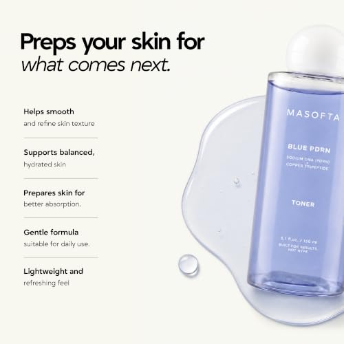 Masofta Blue PDRN Toner with Salmon DNA, Copper Peptide, Multi-Peptide Complex & Red Ginseng | Hydrating Glass-Skin Toner with Centella Extract for Plump, Firm, Dewy-Looking Skin | 5.1 fl oz