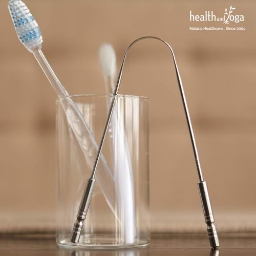 HealthAndYoga™ SteloSwipe Tongue Cleaner Scraper - Sterilizable Surgical Steel Tongue Brush (Set of 2) Plus qLoop Copper Tongue Cleaner (Set of 2)