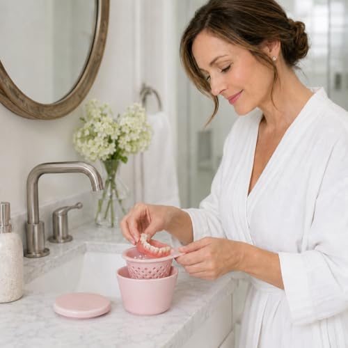 Ceramic Denture Cleaning Cup with Lid & Removable Basket, 3-Piece Stacking Soaking Container for Tablets, Retainer/Aligner/Mouth Guard Case, Hygienic, Spill-Resistant (White) White