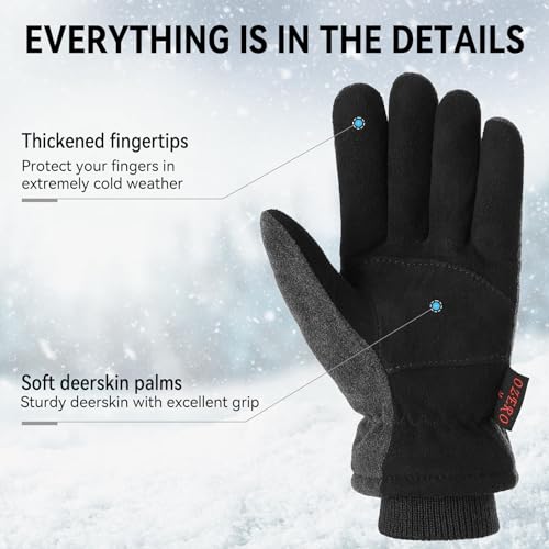 OZERO Mens Winter Gloves,Warm Deerskin Leather Fleece Fabric Gray-black Medium