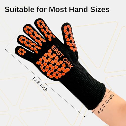 East Oak BBQ Gloves, 1472℉ Heat Resistant Gloves, Silicone Non-Slip Grill Gloves for Smoker, Fire Pits, Barbecue, Cooking, Black