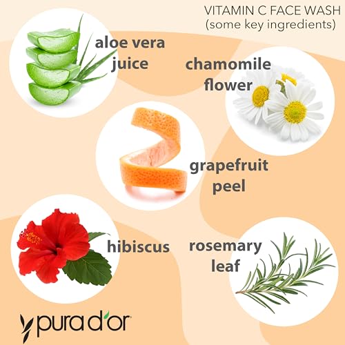 PURA D'OR Vitamin C Face Wash (8oz x2 = 16oz) Antioxidant Rich Facial Cleanser For Radiant Glow & Even Skin Tone - Gentle, Refreshing, Nurturing, Hydrating, Sulfate & Paraben Free Formula Citrus 8 Fl Oz (Pack of 2)