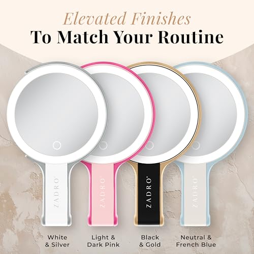 Zadro LED Lighted Makeup Mirror, 2-Sided with 1x & 10x Magnification, Rechargeable Portable Vanity Mirror with 3 Dimmable Color Settings, Handheld & Hands-Free Design, 6.25 Inch (Black/Gold) Black/Gold
