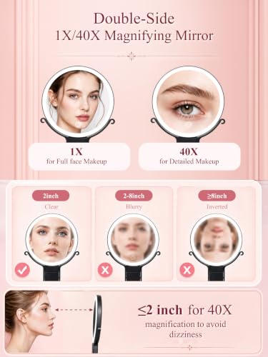 40X/1X Double-Sided Travel Magnifying Mirror with Light for Detailed Makeup Black-40x