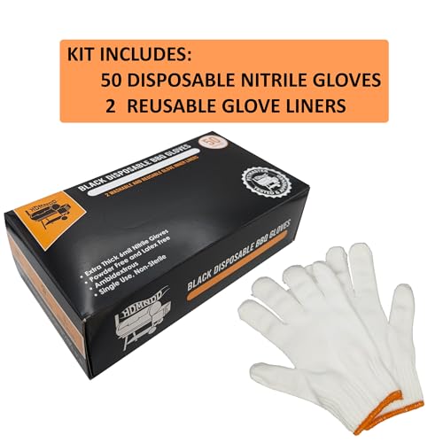Black Disposable BBQ Grill Gloves Kit - 50 Heavy Duty Textured Grip and 2 Heat Resistant Reusable Liners Meat Pulling Large Full Palm & Finger Texture
