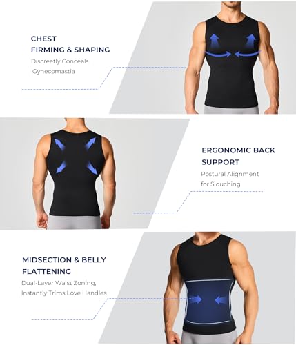 TAILONG Compression Shirt Men Shapewear - Instant Slimming Undershirt for Gynecomastia & Tummy Control Body Shaper Tank Top Large Black