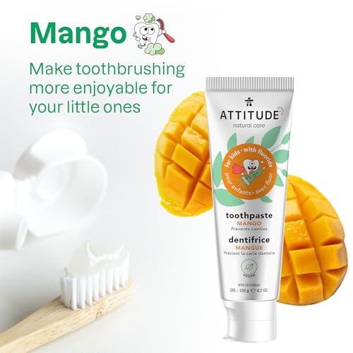 Bundle of ATTITUDE 3 Toothpastes with Fluoride for Kids, Prevents Tooth Decay and Cavities, Vegan, 4.02 Oz Blueberry + Watermelon + Mango