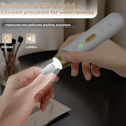 Electric Nail File Drill 2000 mAh Cordless Rechargeable Nail Filer LED Lamp Golden