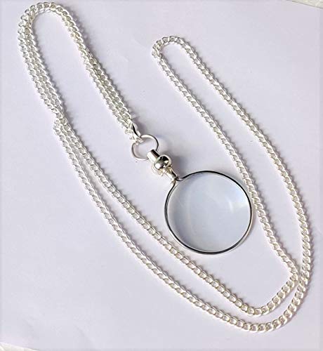 Silver Coated Magnifying Glass, Optical Magnifier Lens with A Beautiful Necklace Chain Monocle for Library Reading Fine Print Zooming Increase Vision Jewelry ()