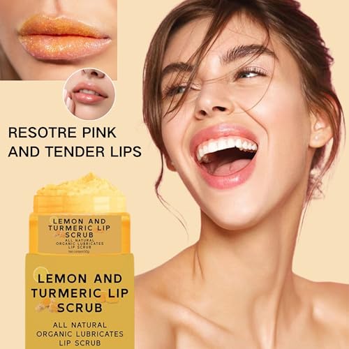 Turmeric Lip Scrub, Lemon Turmeric Lip Exfoliator for Chapped Dry, Lips, Eliminate Lip Lines, Natural Nourish Sugar Lip Scrub with Aloe Vera, Deep Hydration Moisturization Lip Balm for Dark Lips