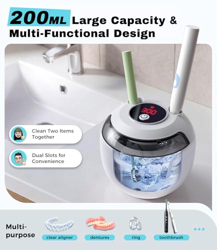 Ultrasonic Retainer Cleaner Machine, 45kHz Deep Gentle Dental Cleaning Pod with 304 Stainless Steel Tank, 4 Cleaning Modes for Aligners, Dentures, Mouth Guards, Night Guards, Toothbrush Heads White