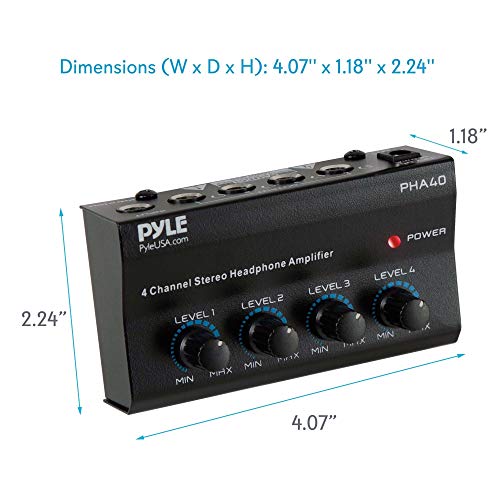 4-Channel Portable Stereo Headphone Amplifier - Professional Multi Channel Mini Earphone Splitter Amp w/ 4 ¼” Balanced TRS Headphones Output Jack and 1/4" TRS Audio Input For Sound Mixer - Pyle PHA40 BLACK 6X6X5