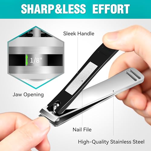 Toenail Clippers for Seniors Thick Toenails Angled Head Large Toe Nail Clippers Set Heavy Duty Ingrown Toenail Clippers with Long Handle Ultra Sharp Slanted Nail Cutter Wide Jaw 6Pcs Black
