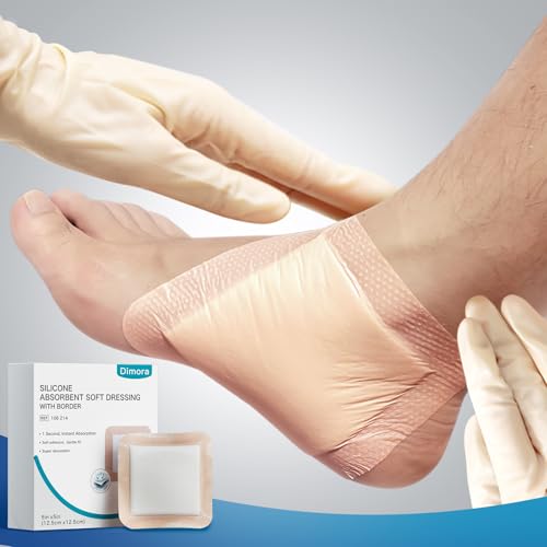 Dimora 20 Count Silicone Super Absorbent Wound Dressing - Gentle Border 5" x 5" Adhesive Bandages for Diabetic Foot Ulcers, Heavy Exudate Wound Care Pads with Ultrasorb Polymer 5"x 5" - 20 pcs