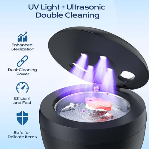 Ultrasonic Retainer Cleaner(2026 Upgraded), 45kHz Cleaning Machine for Dentures, Mouth Guards, Braces, Toothbrush & Jewelry, 200ML Denture Cleaner with 4 Modes for Dental Care Dark Black