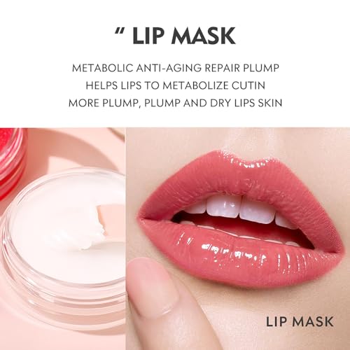 VolksRose 3-in-1 Lip Scrub & Mask Overnight & Peach Oil - Lip Care Kit Scrubber Exfoliator for Dry Chapped Lips, Instant Moisture - Lip Repair Set, Women's Gifts Set, Non-Sticky for Home & Travel 5.29 Ounce (Pack of 1)