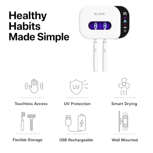 UV Toothbrush Sanitizer Holder, Wall Mounted Toothbrush Cleaner with UV Light, Touchless Wave Sensor Auto Inductive, Fan & Heated Drying, USB Rechargeable Toothbrush & Razor Holder White