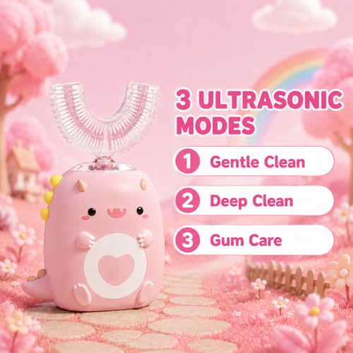Kids U-Shaped Electric Toothbrush,4 Heads,Dinosaur Design Ages 2-12 Girls Pink